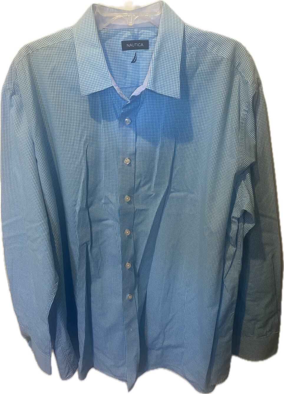 Nautica Men's Classic Fit Gingham Check Button Down Shirt Light Blue White